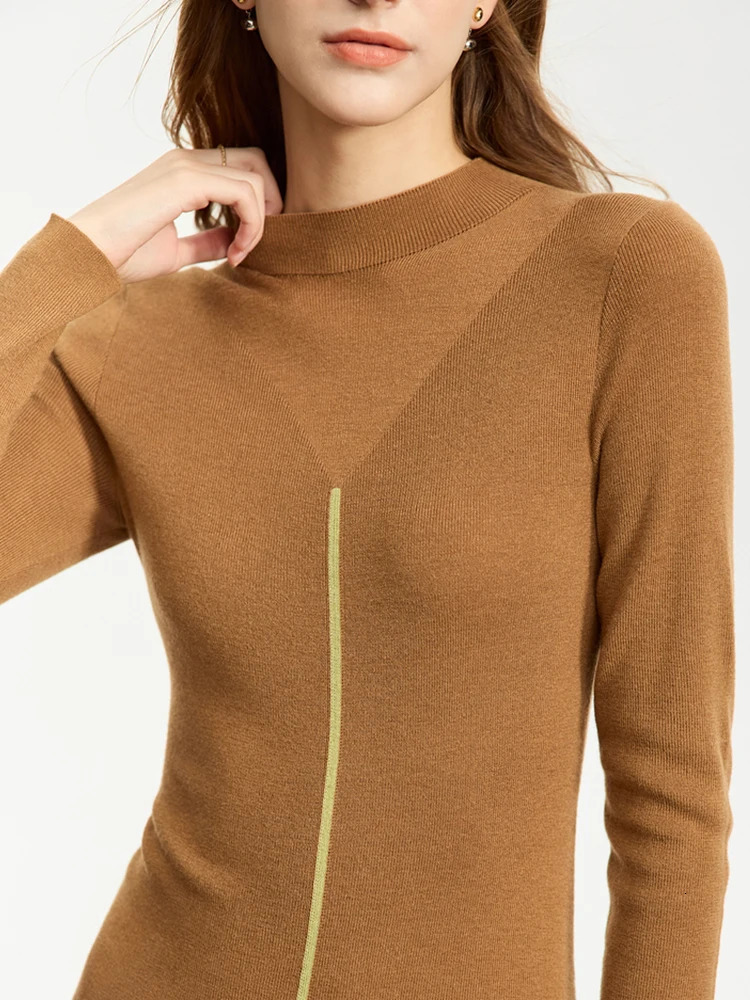 AMII Minimalist Knitted Dress for Women Half High Collar Autumn A-line Spliced Slim Fit Full Sleeve Dresses 12343417 240703