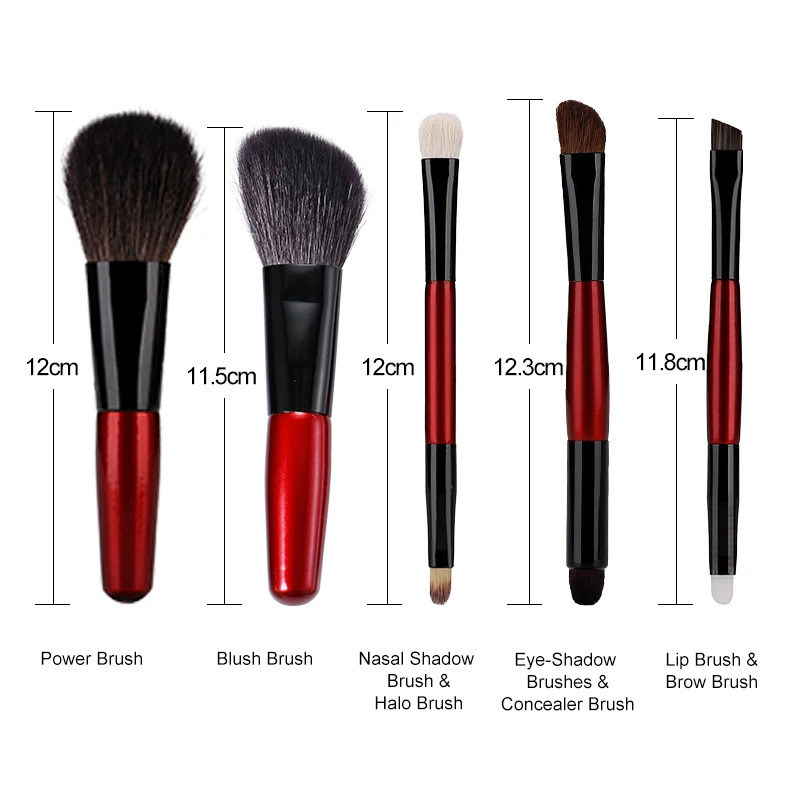 5pcs Makeup Travel Size Brush Red Short Handle Make Up Brush Kit Powder Blush Brush Set 240625