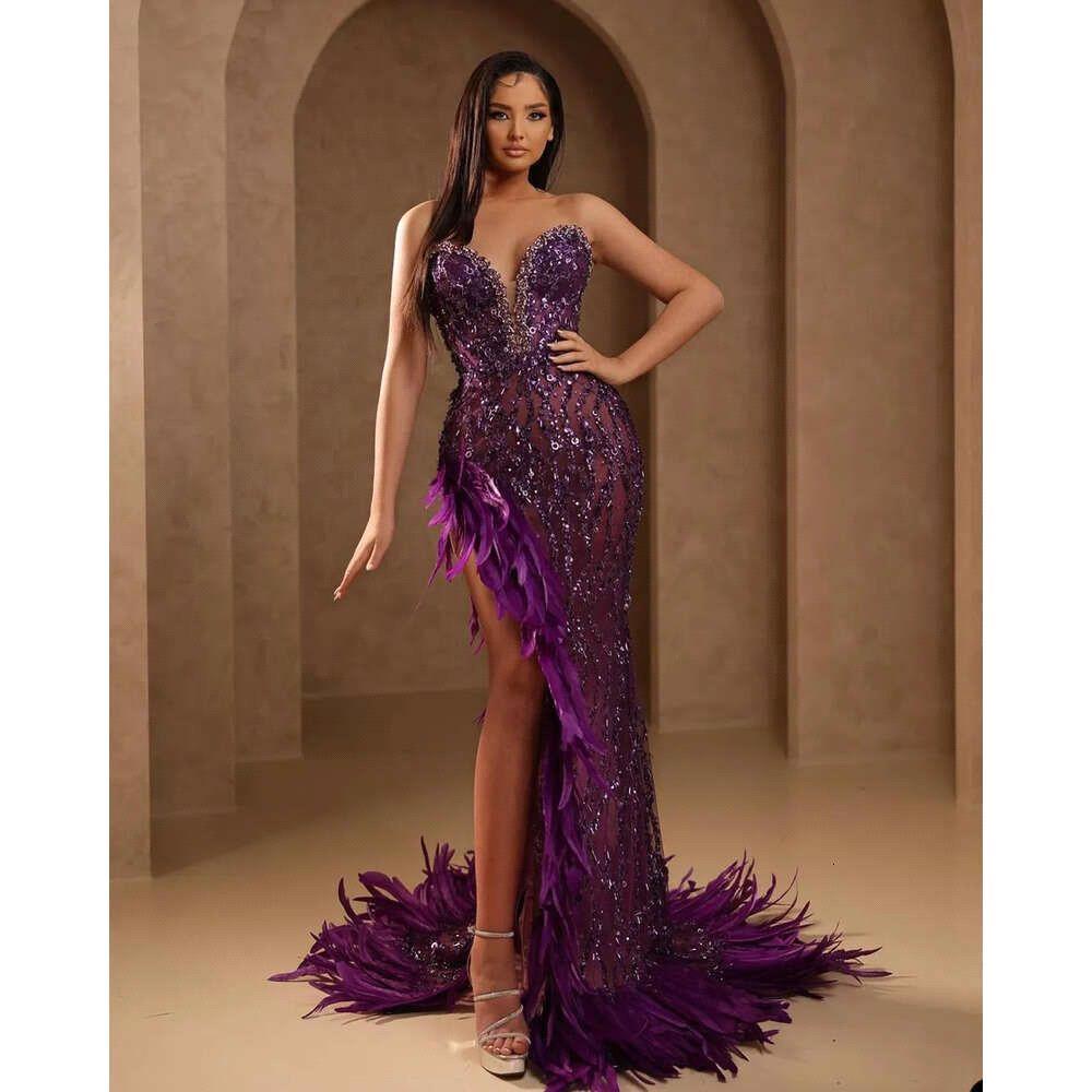 Sexy Gorgeous Lace Or Length Prom Dress Sweetheart Sequins High Side Split Feathers Special Evening Dresses BC