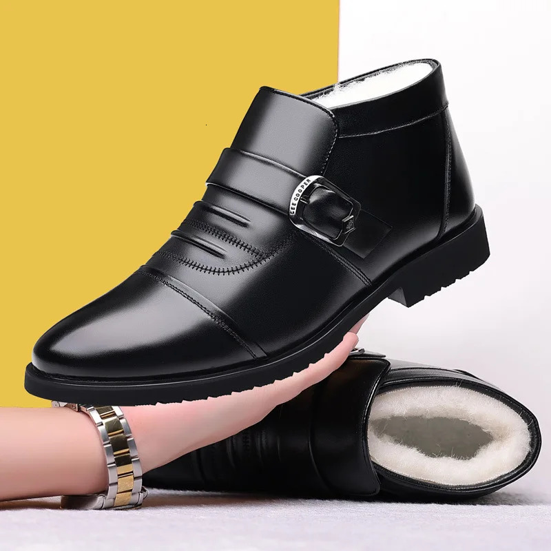 British Style Fall Winter High Top Warm Fur Shoes Formal Business Dress Shoes Plush Ankle Boots Mens Cotton Shoes Father 240703