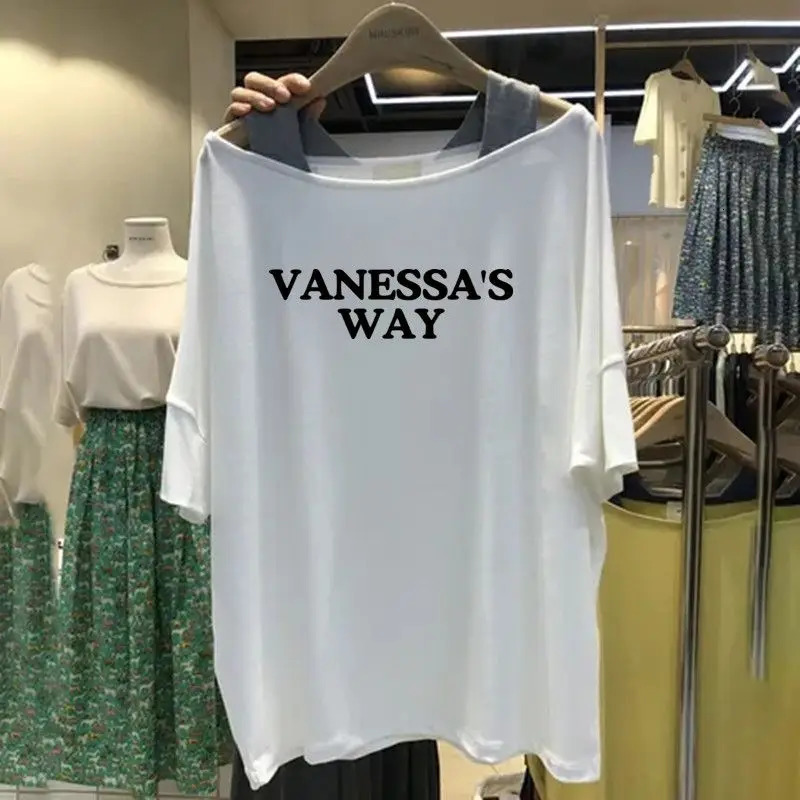 Summer Street Casual Sling Off Shoulder T Shirts Short Sleeve Letter Printing Loose Tops Tees Fashion Trend Women Clothing 240627