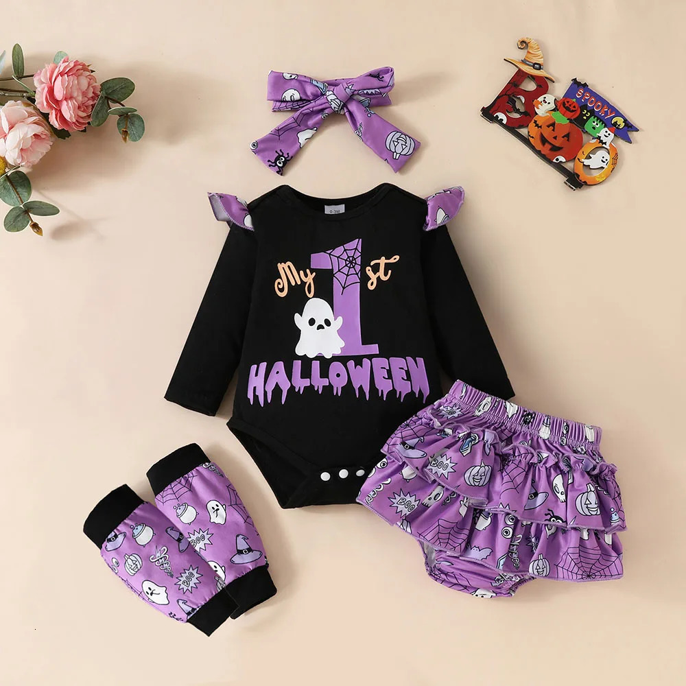MILANCEL 4PCSBaby Halloween Clothes Ruffle Ghost One Piece Scary Bloomers And Headbands Baby Set 240625