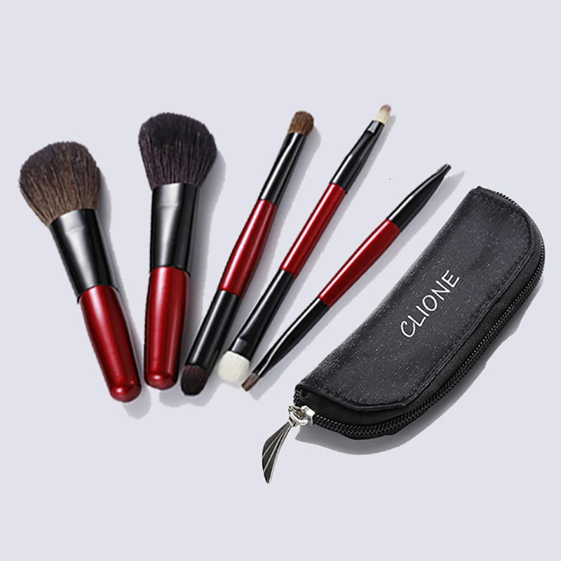 5pcs Makeup Travel Size Brush Red Short Handle Make Up Brush Kit Powder Blush Brush Set 240625
