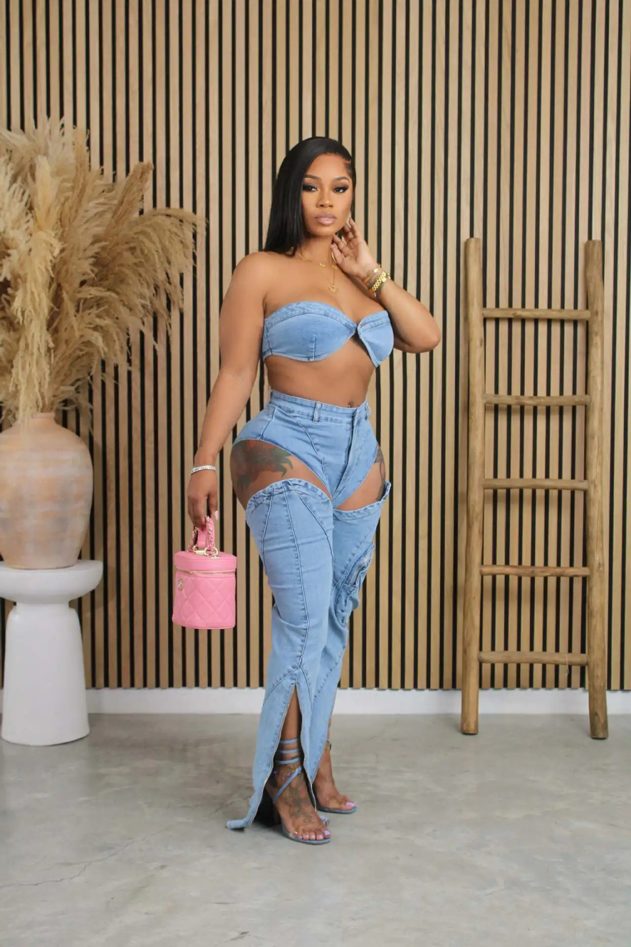 Sexy Denim Bikini Tops Two Piece Sets Matching Outfits 2024 Y2K Streetwear Women Pencil Jean Pant Summer 2 240702