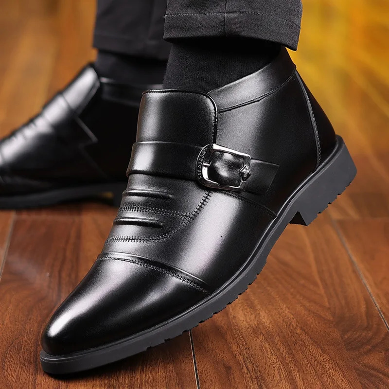 British Style Fall Winter High Top Warm Fur Shoes Formal Business Dress Shoes Plush Ankle Boots Mens Cotton Shoes Father 240703