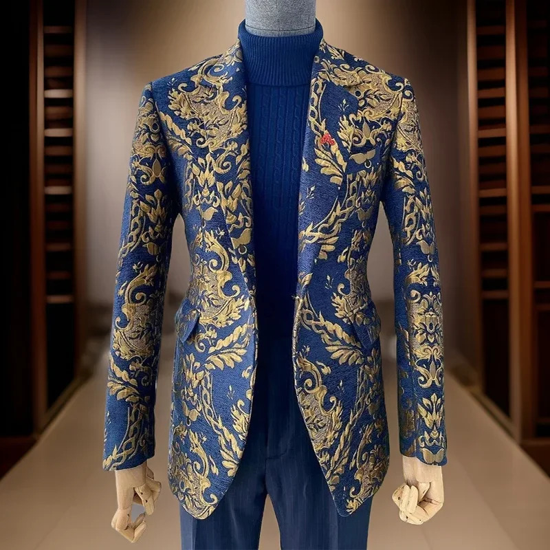 Floral African Men Suits For Wedding Jacquard Slim Fit Groom Tuxedo 2 Pcs Navy Blue Custom Jacket With Pants Male Costume 240701