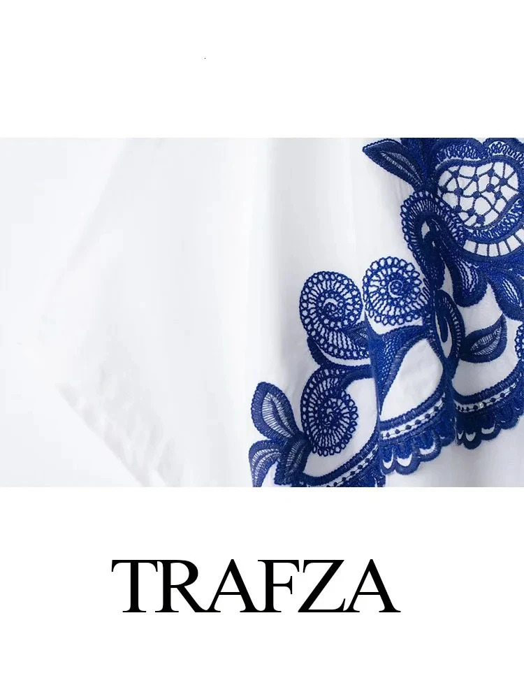 TRAFZA Women Blue Floral Embroidery Shirt Skirts Sets Casual Top High Waist Chic Elegant Womens Pleated Long Skirt TRAF 240704