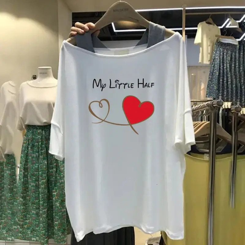Summer Street Casual Sling Off Shoulder T Shirts Short Sleeve Letter Printing Loose Tops Tees Fashion Trend Women Clothing 240627