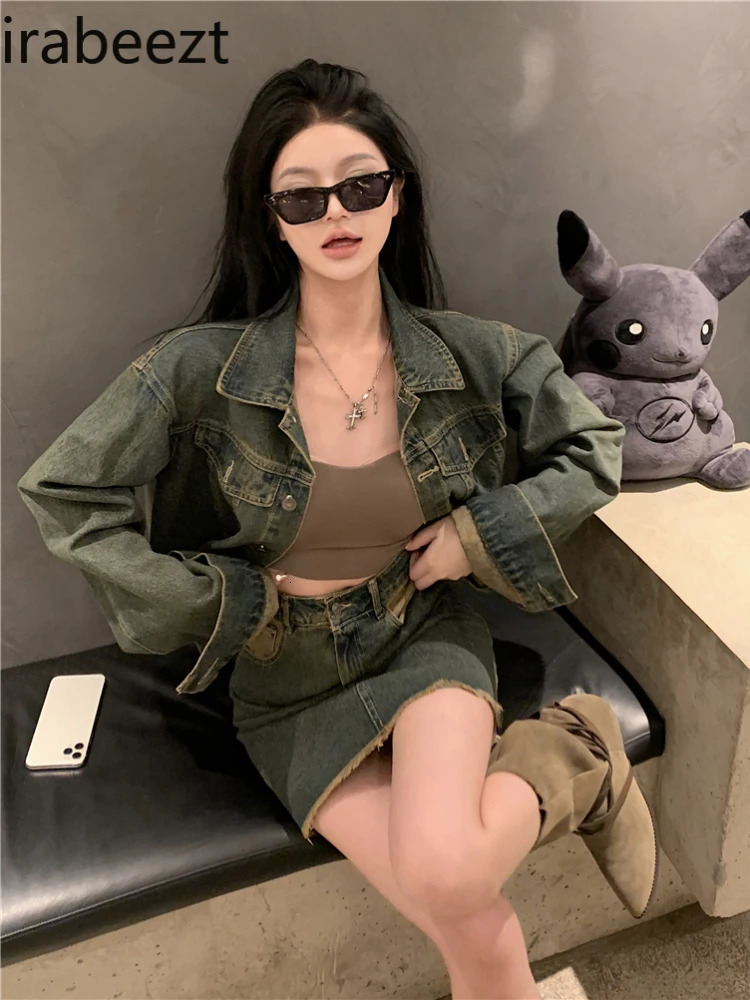 Autumn Denim Women Clothing Retro Coat and High Waist Skirt Two Pieces Set Suit for Female Blazer Sets with 240704