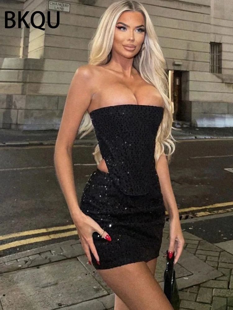 BKQU Denim Skirts Sets for Women Summer Strapless Corset Crop Tops and Hole High Waist Sequins Two Piece Party Club 240627