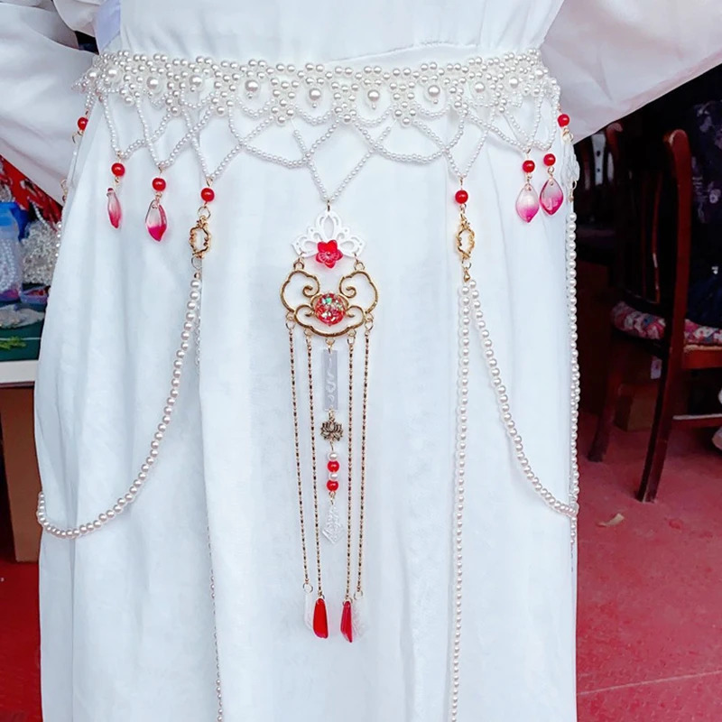 Chinese Ancient Style Long Tassel Pearl Waist Belt Tang Dynasty Hanfu Waist Chain Costumes Dunhuang Accessories Costume Props 240701