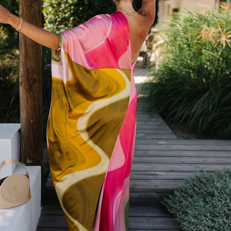 Sexy Backless Pleat Holiday Long Dress Fashion Pattern Print Loose Party Women Elegant Diagonal Shoulder Beach 240628