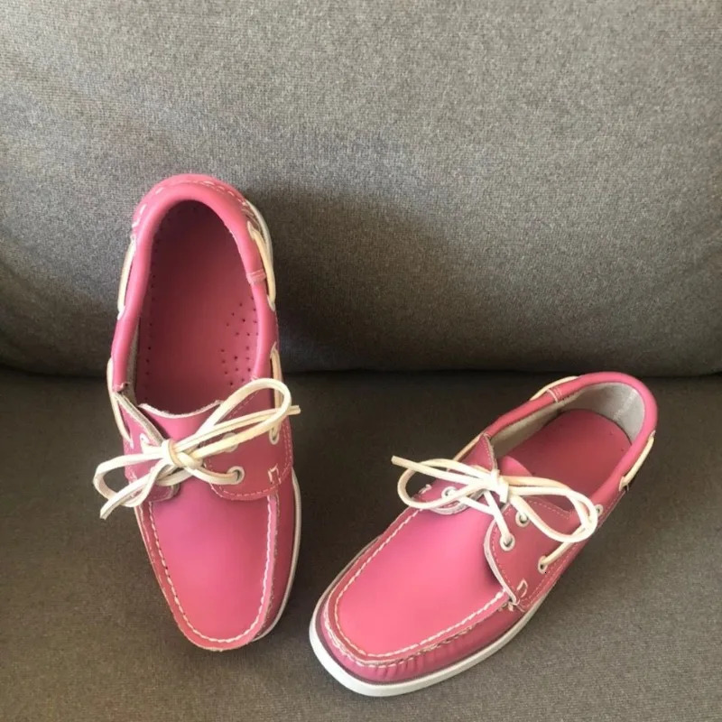 Unisex Boat Shoes Pink Leather Loafers For Men Women Fashion Walking Driver Footwear Couples Lace Up Flats Shoe 240702