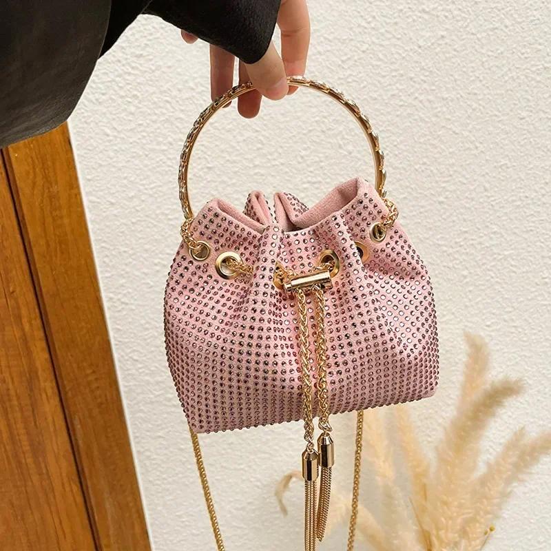 Shoulder Bags Women's Handbags Candy Color Bucket Bag Round Handle Drawstring Crossbody For Women Rhinestone Evening Bolsa