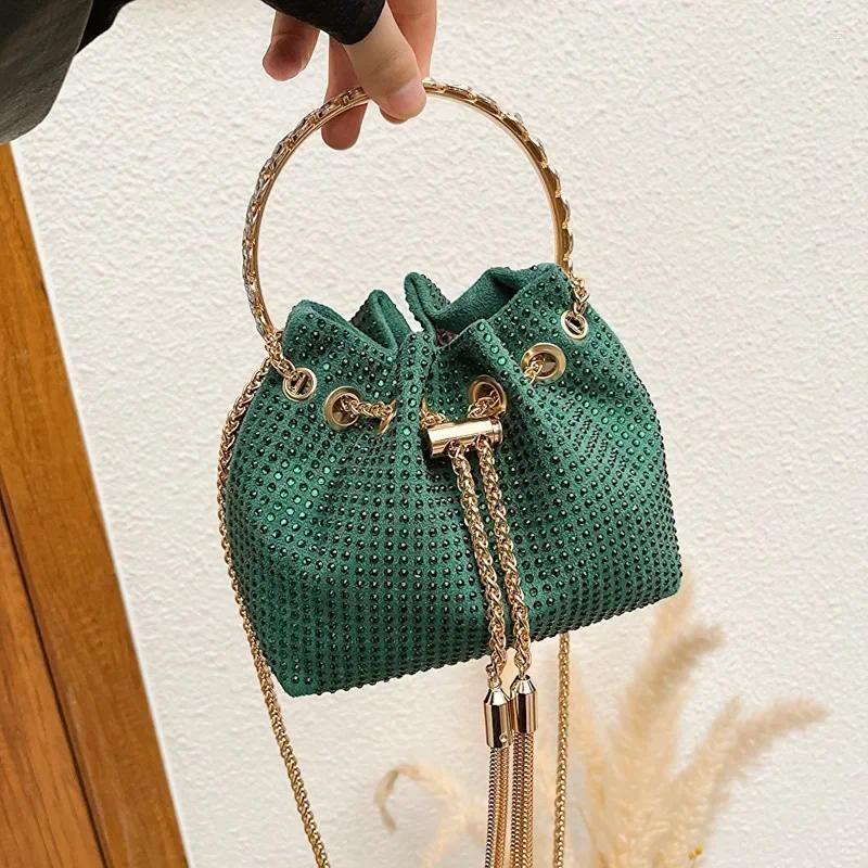 Shoulder Bags Women's Handbags Candy Color Bucket Bag Round Handle Drawstring Crossbody For Women Rhinestone Evening Bolsa