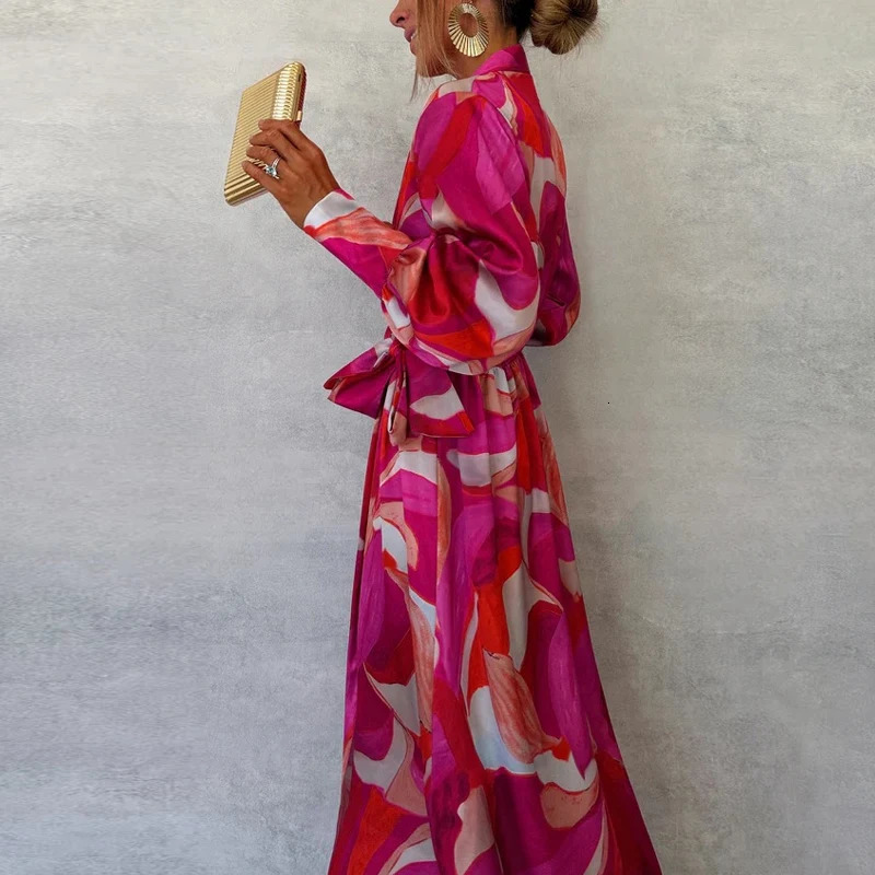 Elegant Tieup Graphic Printed Office Long Dress Chic Women Sleeve Party Commute Lady Vneck Slit 240628