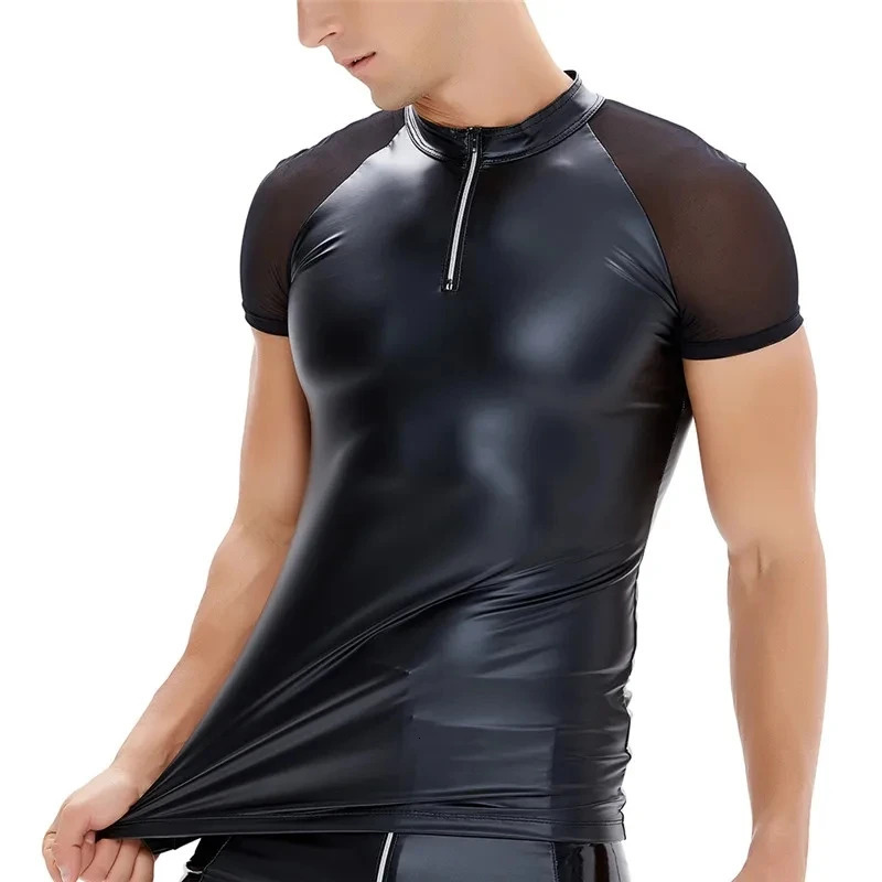 Man Leather Bodysuit PU Shapewear Corset Shirt Workout Tops Short Sleeve Sauna Suit Underwear Premium Slimming Shapewear 240703