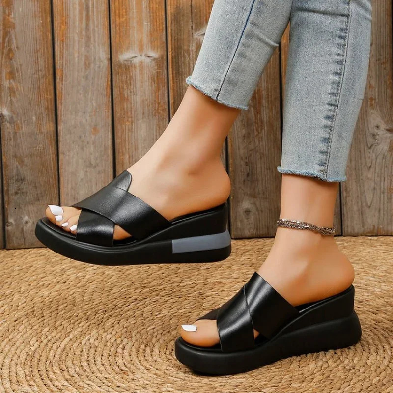 Wedge Heel Sandals Womens 2024 Summer Fashion Muffin Open-toe Fairy Style Outside Wear Thick-soled Shoes Women 240704