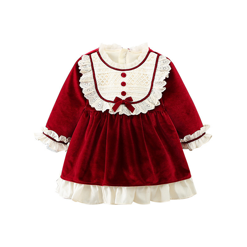 Toddler Girl Red Vintage Velvet Dress Children Lace Bow Lolita Princess Dresses Baby Christmas Frocks Kids Spanish Vestidos 210615
