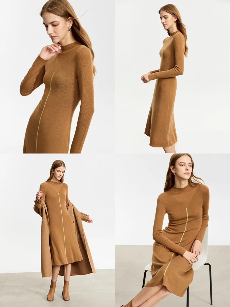 AMII Minimalist Knitted Dress for Women Half High Collar Autumn A-line Spliced Slim Fit Full Sleeve Dresses 12343417 240703