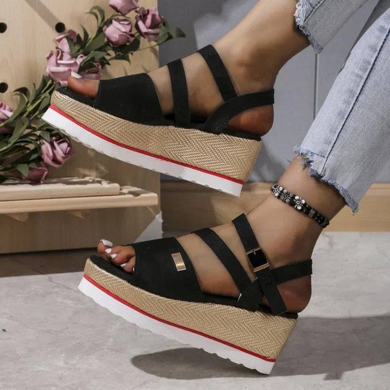 Women Summer Woven Wedge Roman Sandals Women Retro Ankle Buckle Chunky Platform Sandles Woman Open Toe Thick Bottom Sandalias 240703