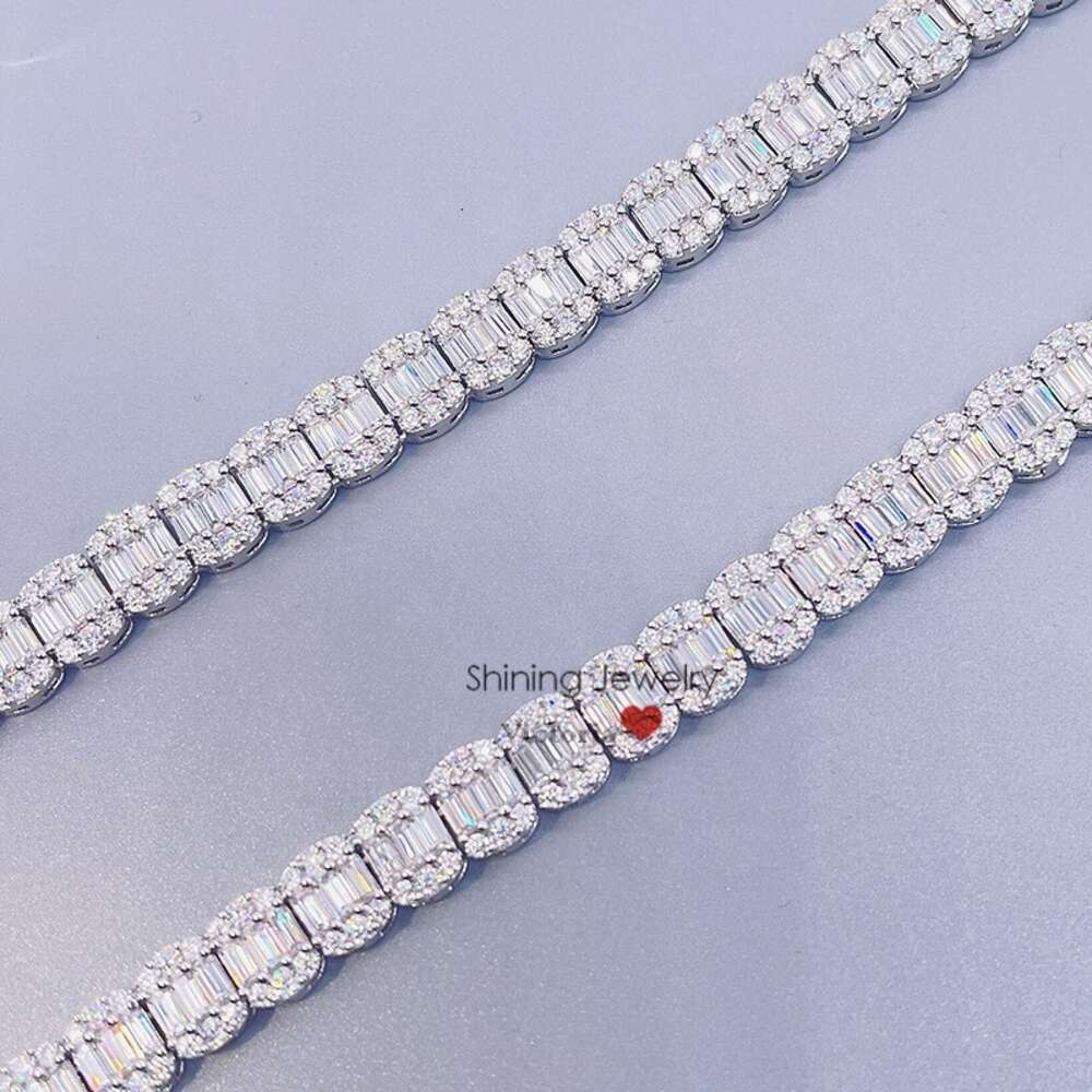 Real 925 Sterling Silver 9mm Tennis Chain Baguette Diamond Necklace