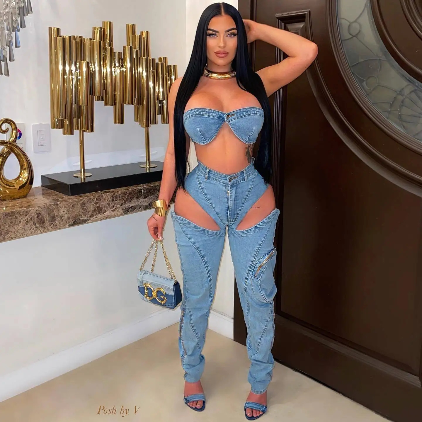 Sexy Denim Bikini Tops Two Piece Sets Matching Outfits 2024 Y2K Streetwear Women Pencil Jean Pant Summer 2 240702