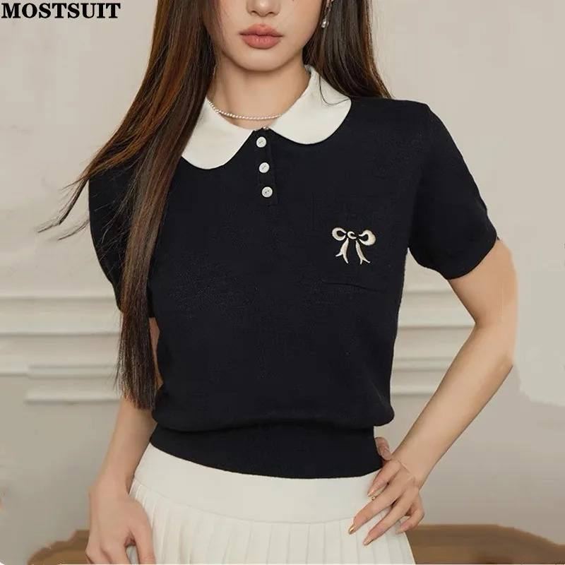Summer Elegant Sweater Women Knit Pullover Tshirts Embroidery Short Sleeve Peter Pan Collar Fashion Stylish Tops Tees 240627