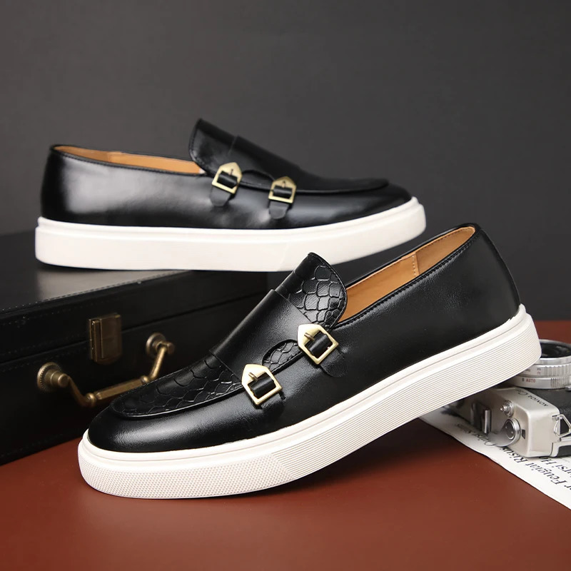 Britain Retro Fashion Mens Black Brown Flats Monk Strap Leather Shoes Casual Loafers Formal Dress Footwear Zapatos Hombre 240703