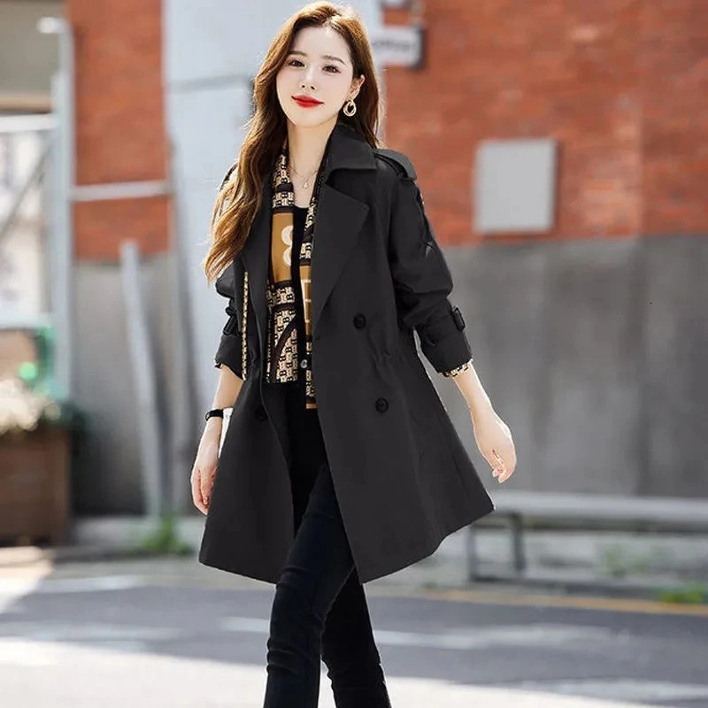 Casual Double Breasted Mid-length Trench Jacket Korean Loose Drawstring Abrigos Gabardina Women Windbreaker Spring Chic Coats 240703