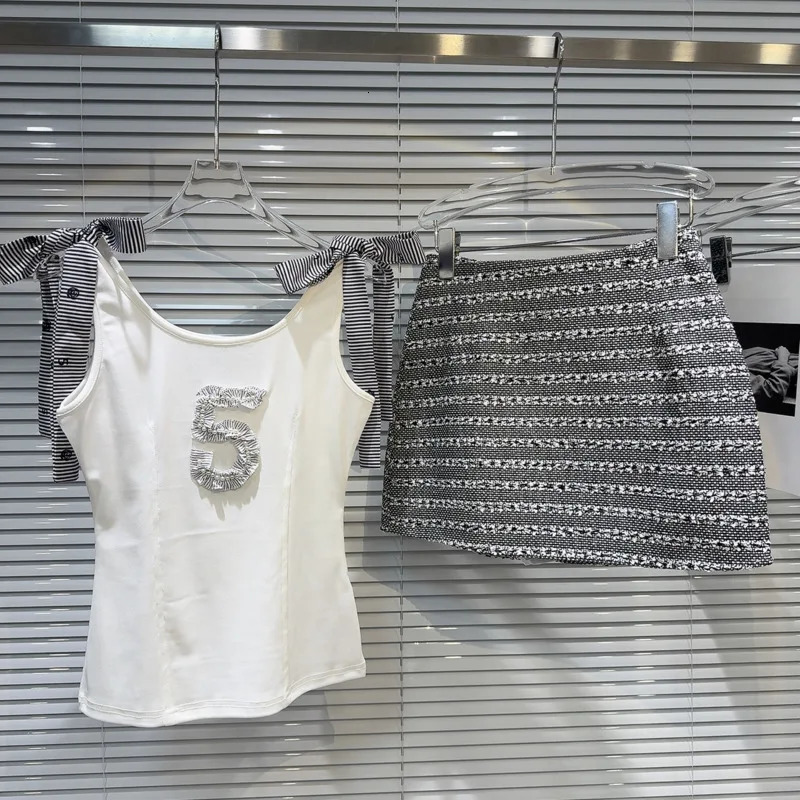 PREPOMP 2024 Summer Arrival Sleeve Striped Bandage Tank Top Vest Tweed Short Skirt Two Piece Set Women Outfits GR254 240702