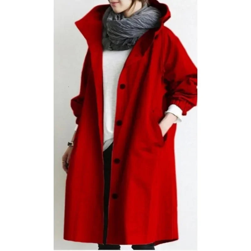 Autumn Trench Coat Women Solid Color Loose Cardigan Large Coat Women Long Sleeve Pocket Single Breasted Turn-down Collar Trench 240703