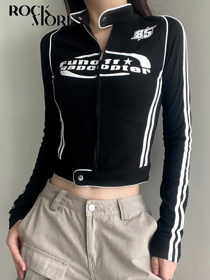 Rockmore Striped Cropped Jackets Y2K Streetwear Moto Biker Style Harajuku Zip Up Slim Print Coats Women Fall Casual Outerwear 240625