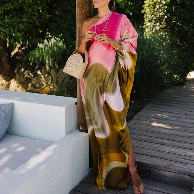 Sexy Backless Pleat Holiday Long Dress Fashion Pattern Print Loose Party Women Elegant Diagonal Shoulder Beach 240628