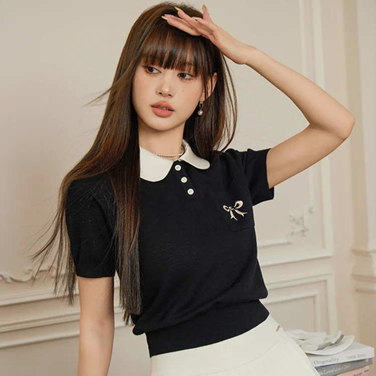 Summer Elegant Sweater Women Knit Pullover Tshirts Embroidery Short Sleeve Peter Pan Collar Fashion Stylish Tops Tees 240627