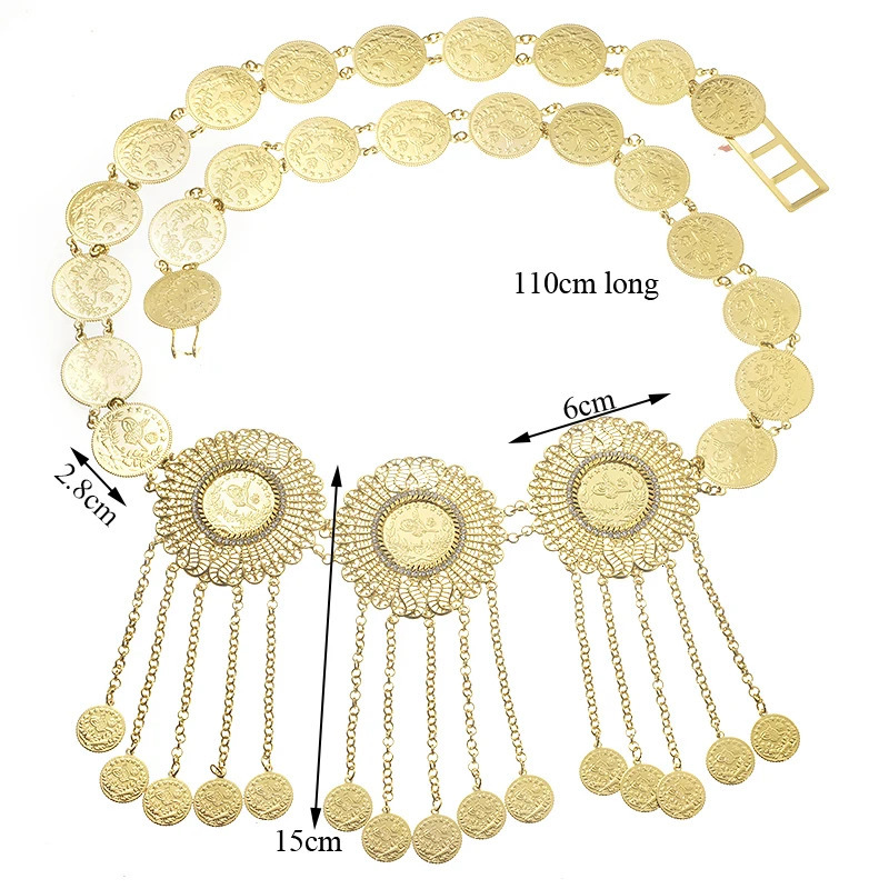 Oman Kurdistan Women Body Chain Coin Tassel Waist Chain Middle East Bridal Jewelry Turkey Coin Gold Plated Belt 240701