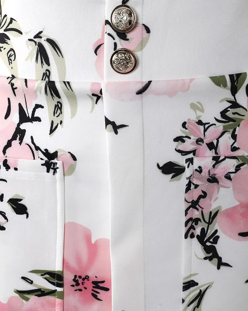 Floral Print Puff Sleeve Double Breasted Blazer Coat Skirt Set Women Spring Summer 2pcs Flower Jacket Business Lady 240704