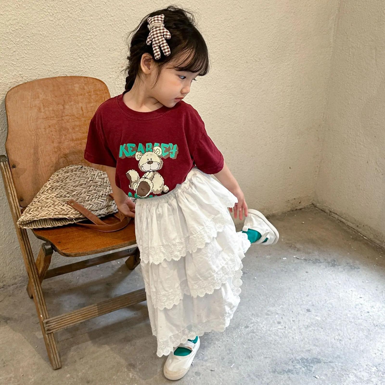 Kids Girls Tiered Skirt Lace Princess Pure Cotton Childrens Spring Autumn Baby Girls Cake Long Skirt Toddler Girl Dress 240703