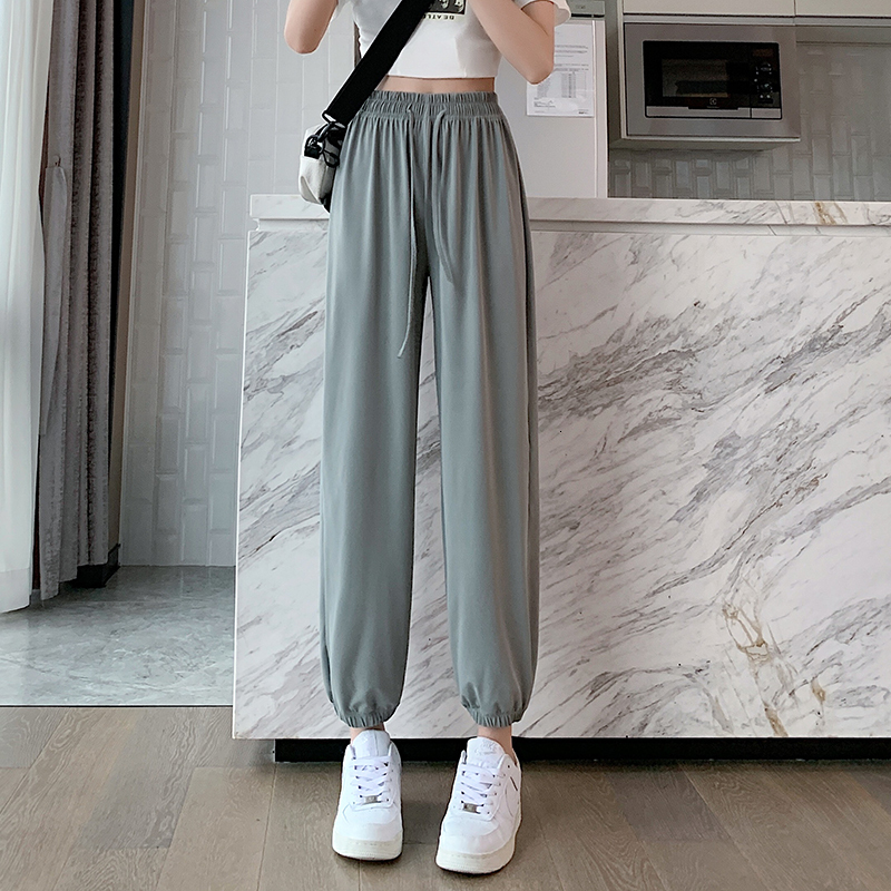 Spring/Summer Thin Ice Silk Sports Women's Pink Short Nine Point Tie Feet Quick Drying Slimming Casual Lantern Sunscreen Pants H7.4#22.54
