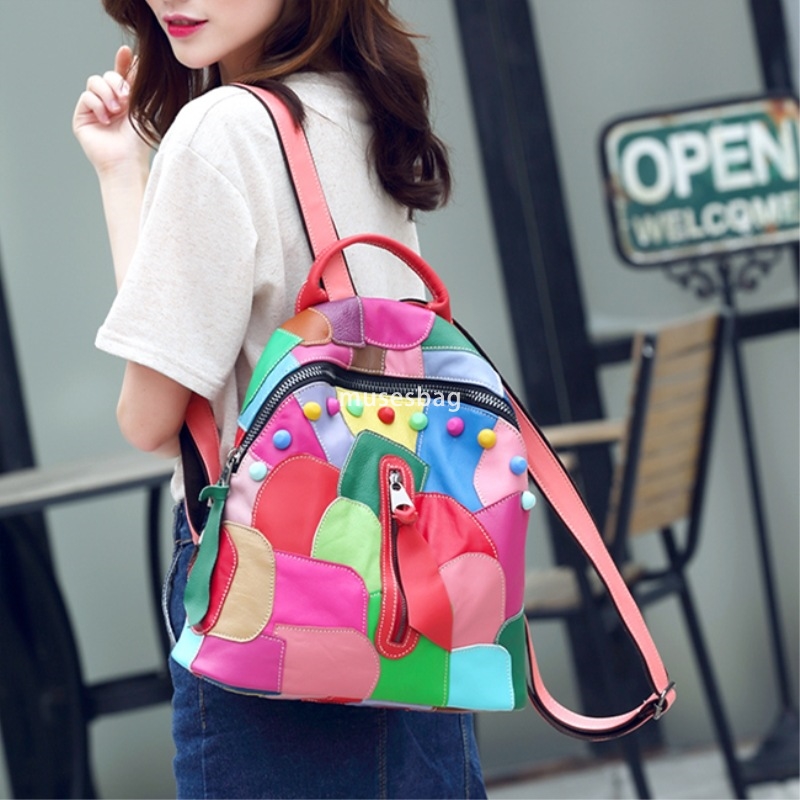 European and American women's fashionable new shoulder bag made of genuine leather practical large capacity backpack cowhide patchwork handbag le