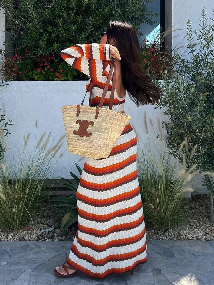 Summer Hollow Out Knitted Beach Dress for Women Elegant Fashion Striped Maxi Dress Sexy Long Sleeve Holidays Party Dress 240703