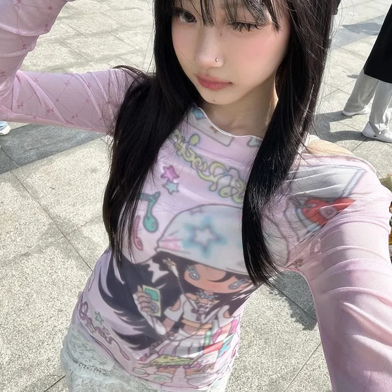 2000s Anime Pattern See-through Long-sleeved T-shirt Kawaii Clothes Japanese Y2k Long-sleeved T-shirt Harajuku Retro T-shirt 240701