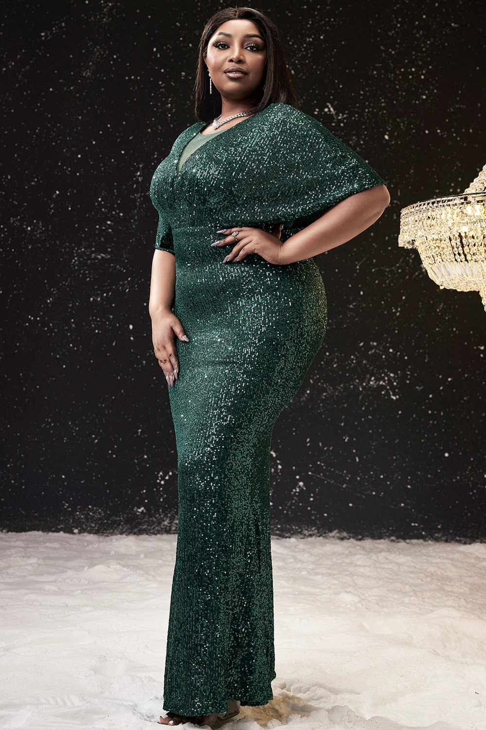 Elegant Evening Dress for Plus Size Prom Green Mermaid V Neck Sequins Cocktail Party Bodycon Long Maxi 2024 240702