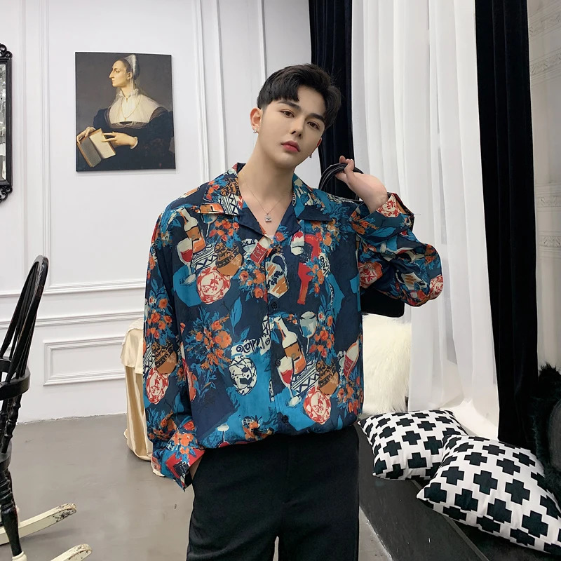 M-XXXL Unique Distinct Men Graffiti Print Blouse Male Vintage Travel Streetwear Tops Shirts Banquet Dinner Date Shirts 240615