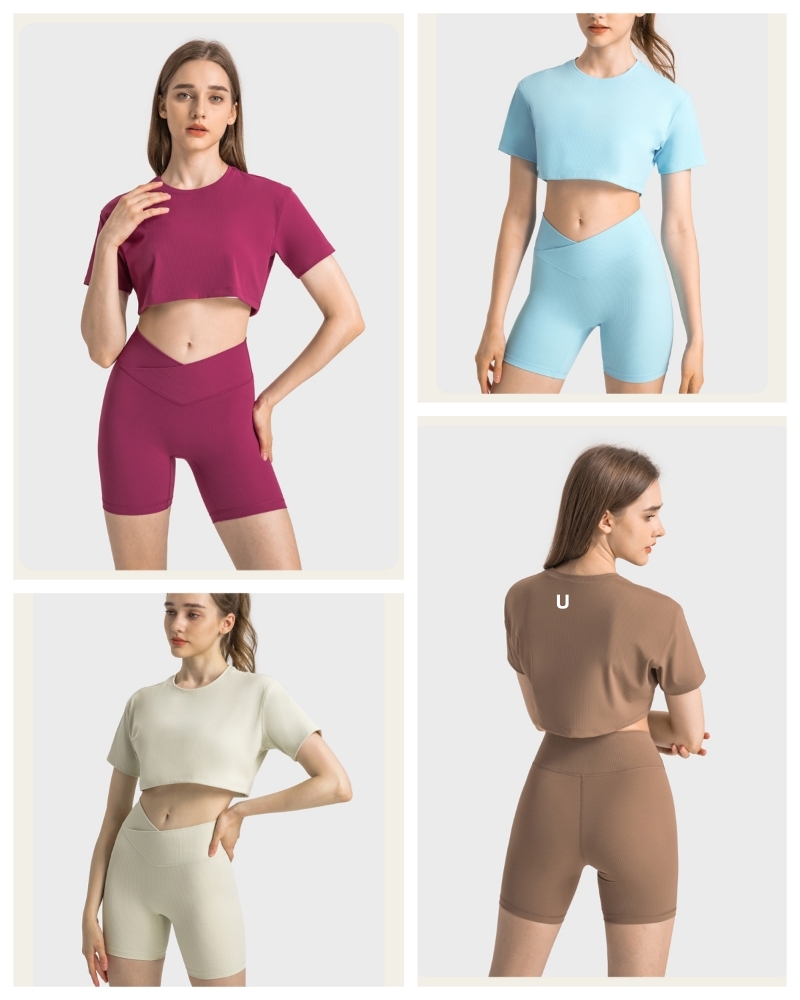 Uu-1211 Women Ribbed Shirt Sleeve Sexy T-Shirt Loose Waist Short Tops Sports Yoga Outfit