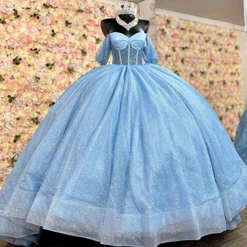 Sky Blue Shiny Quinceanera Dresses 2025 Sparkly Gillter Sequins Beaded Lace-up Corset Princess vestidos de 15 anos