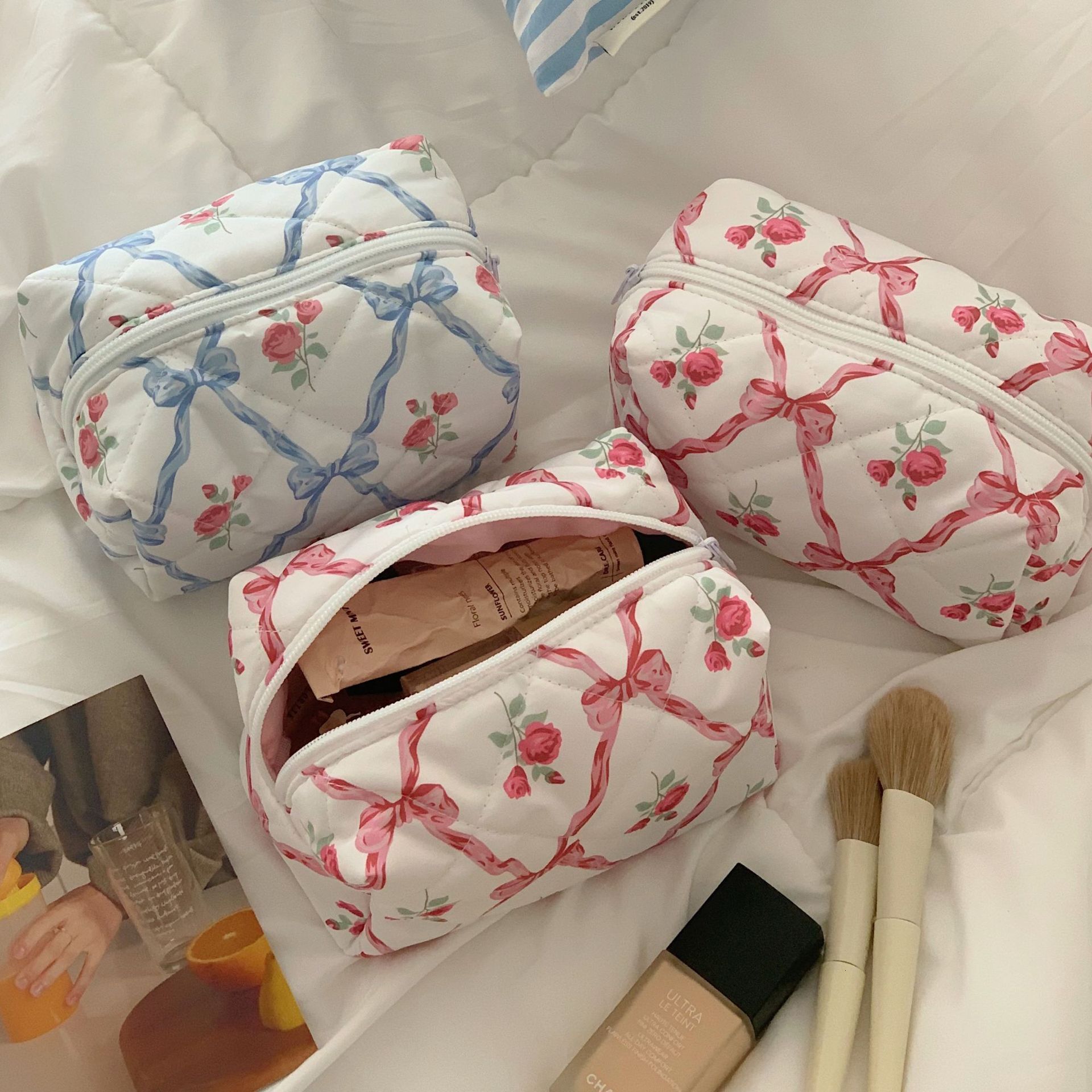 Bow Rose Pattern Women Makeup Pouch Cotton Padded Cute Cosmetic Ladies Travel Storage American Mini Organizer Clutch Bag H7.4#12