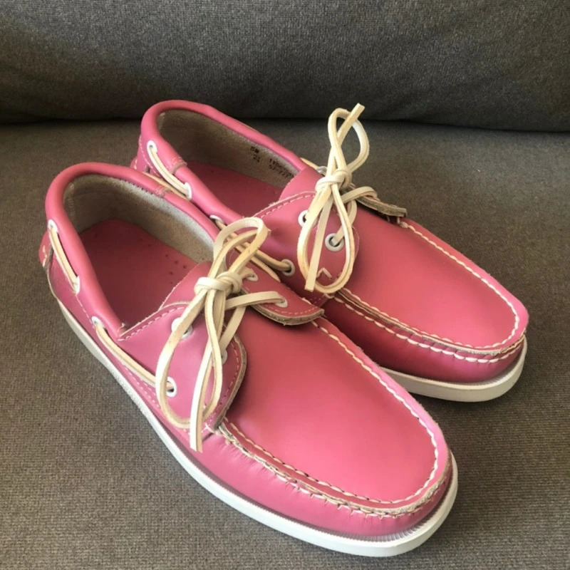 Unisex Boat Shoes Pink Leather Loafers For Men Women Fashion Walking Driver Footwear Couples Lace Up Flats Shoe 240702