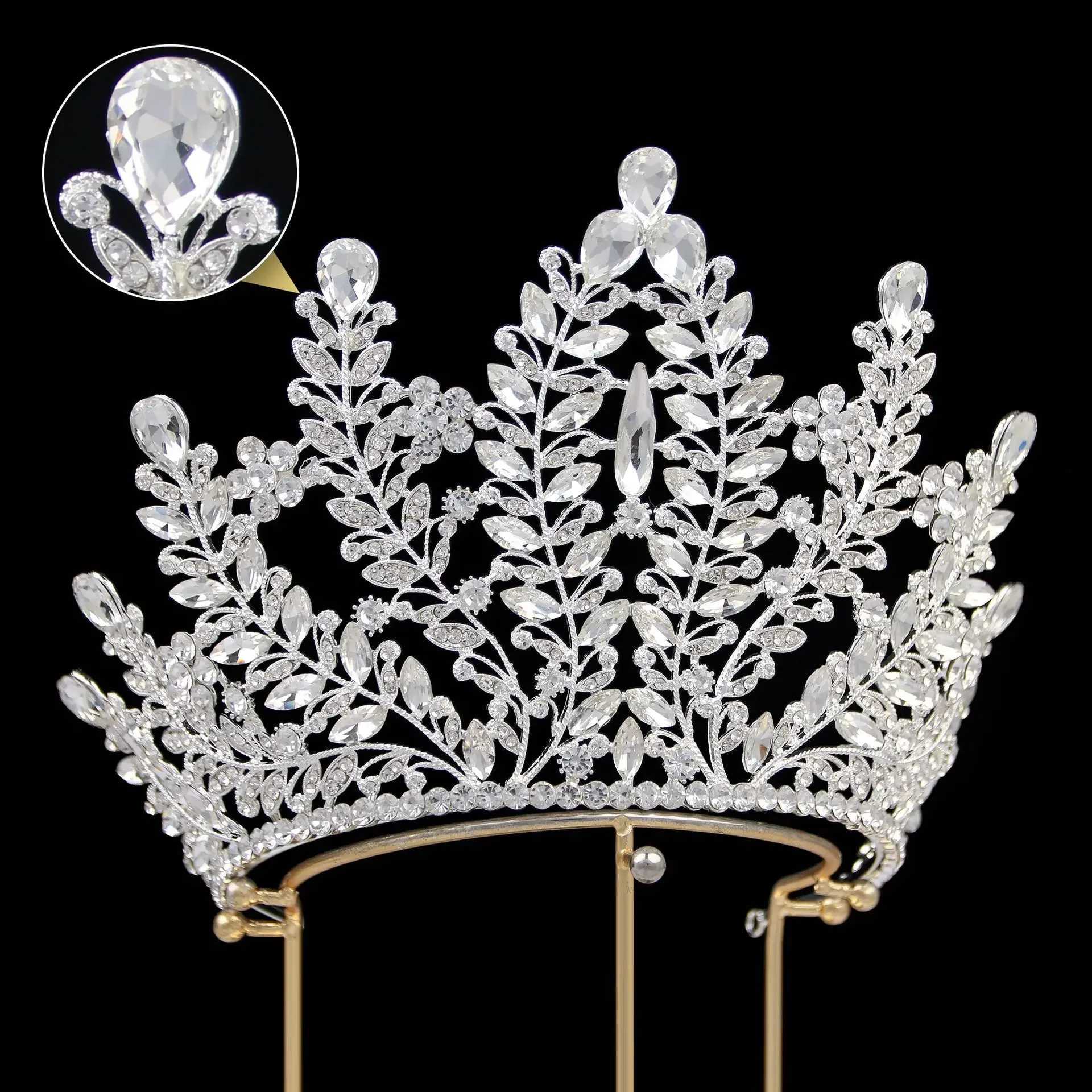 Tiaras Pageant Queen Big Zirconia Crown Leaf Princesa Quinceanera Tiaras De Flor Wholesale Tiara