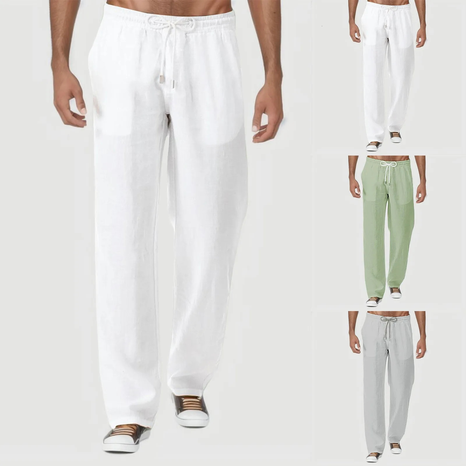 Summer Mens Casual Fashion Pants Natural Cotton Polyester Trousers White Elastic Waist Straight Pant 240703